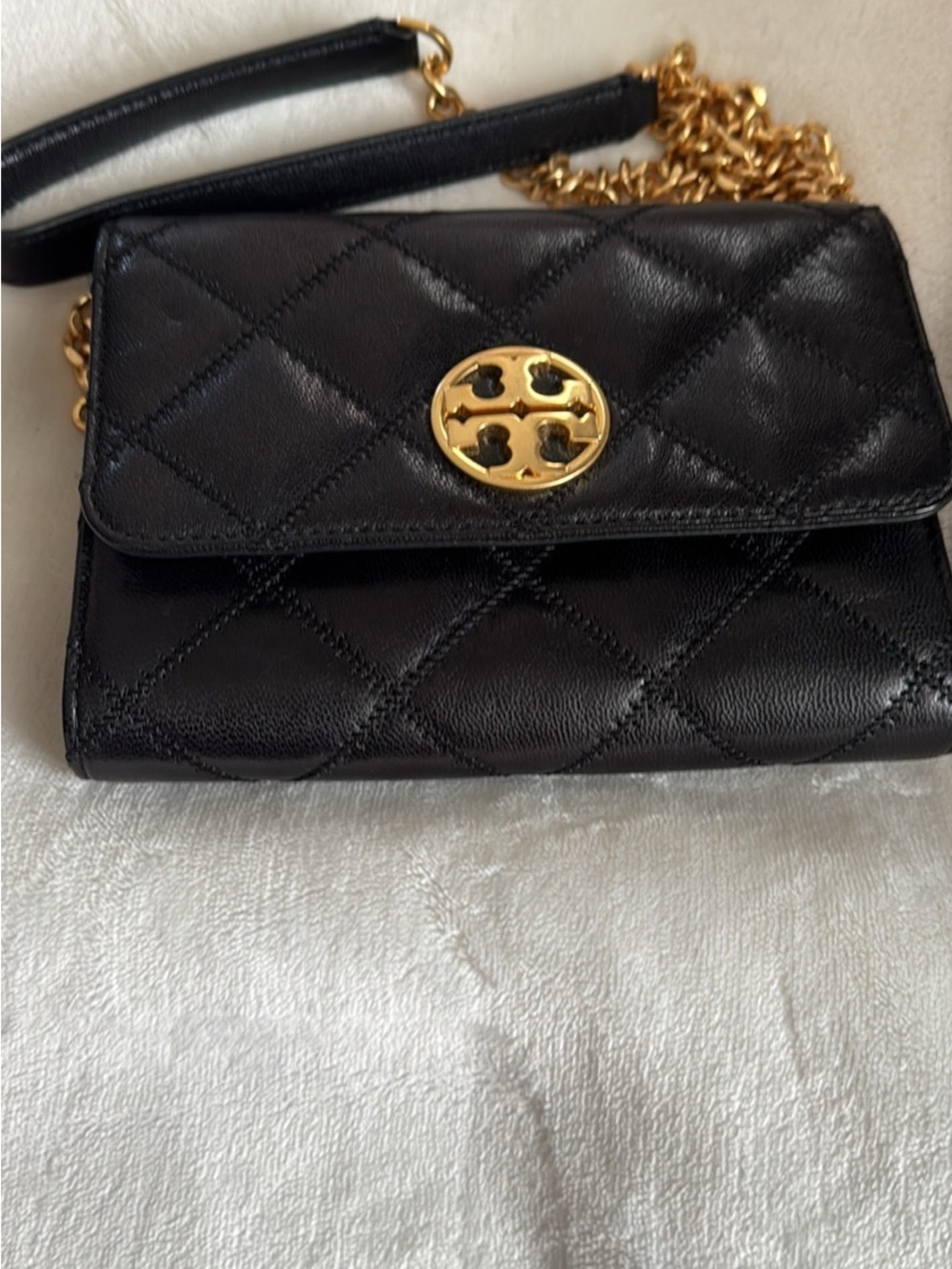 Tory Burch Black Quilted Leather Crossbody with Gold Emblem Chain